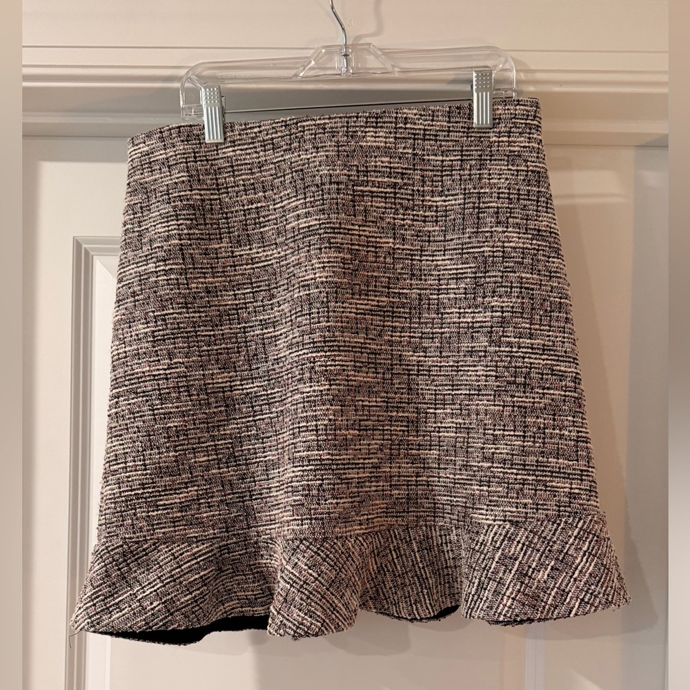 LOFT Black and White Tweed A-Line Flounce Hem Skirt